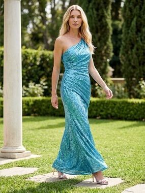 One-Shoulder Blue Sequin Evening Gown